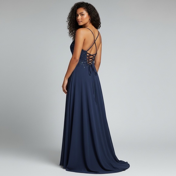 Faviana Dresses & Skirts - Faviana maxi dress womens sz 2 prom formal glam sequin crisscross back y2k blue